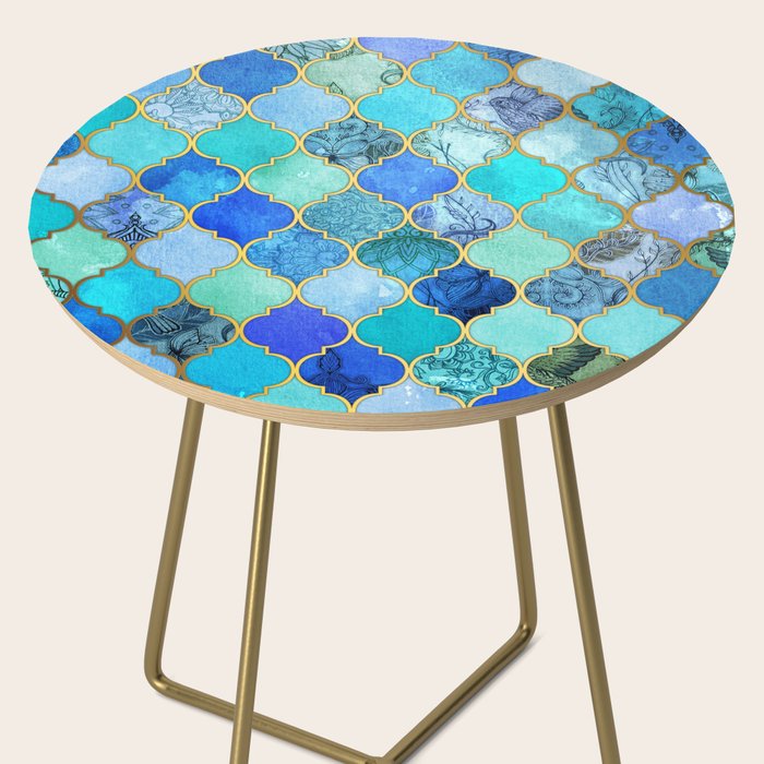 Cobalt Blue, Aqua & Gold Decorative Moroccan Tile Pattern Side Table Gallery Image 2