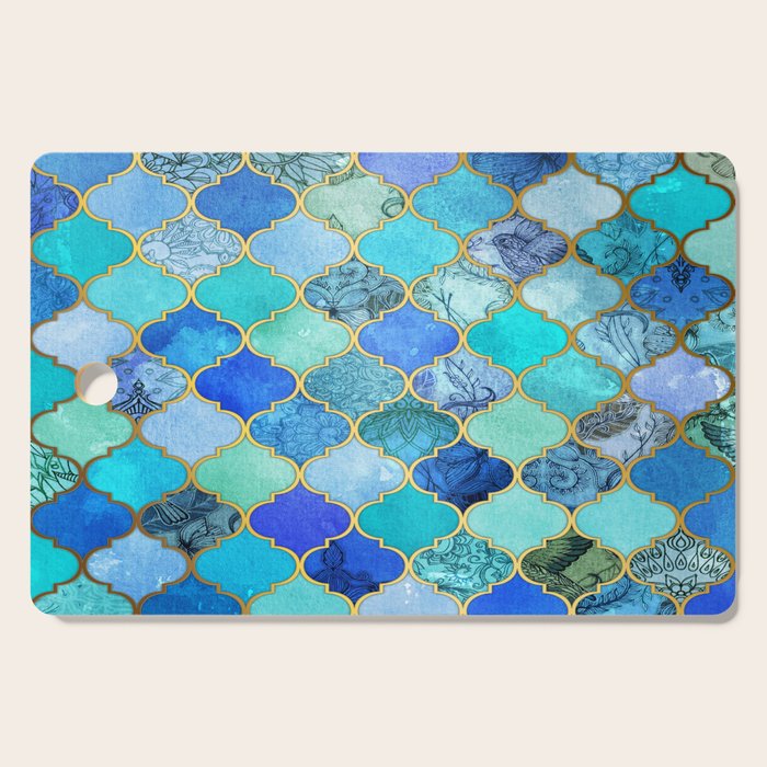 Cobalt Blue, Aqua & Gold Decorative Moroccan Tile Pattern Cutting Board Gallery Image 1