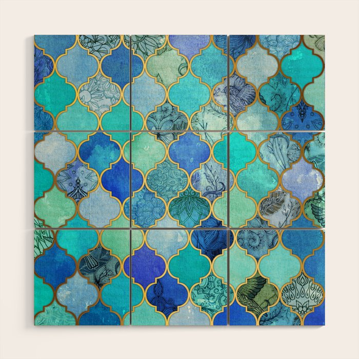 Cobalt Blue, Aqua & Gold Decorative Moroccan Tile Pattern Wood Wall Art Gallery Image 1