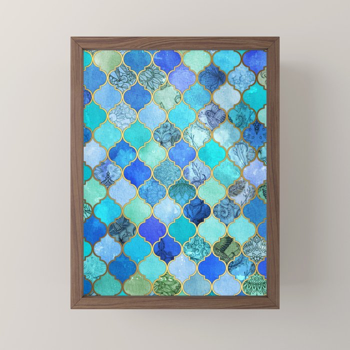 Cobalt Blue, Aqua & Gold Decorative Moroccan Tile Pattern Mini Art Print Gallery Image 2