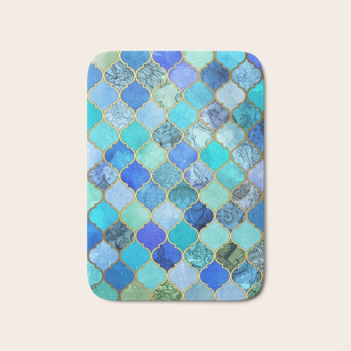 Cobalt Blue, Aqua & Gold Decorative Moroccan Tile Pattern Bath Mat Gallery Image 1