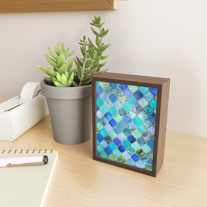 Cobalt Blue, Aqua & Gold Decorative Moroccan Tile Pattern Mini Art Print Gallery Image 2