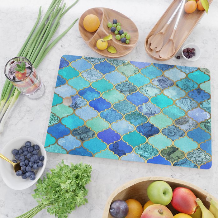 Cobalt Blue, Aqua & Gold Decorative Moroccan Tile Pattern Cutting Board Gallery Image 2