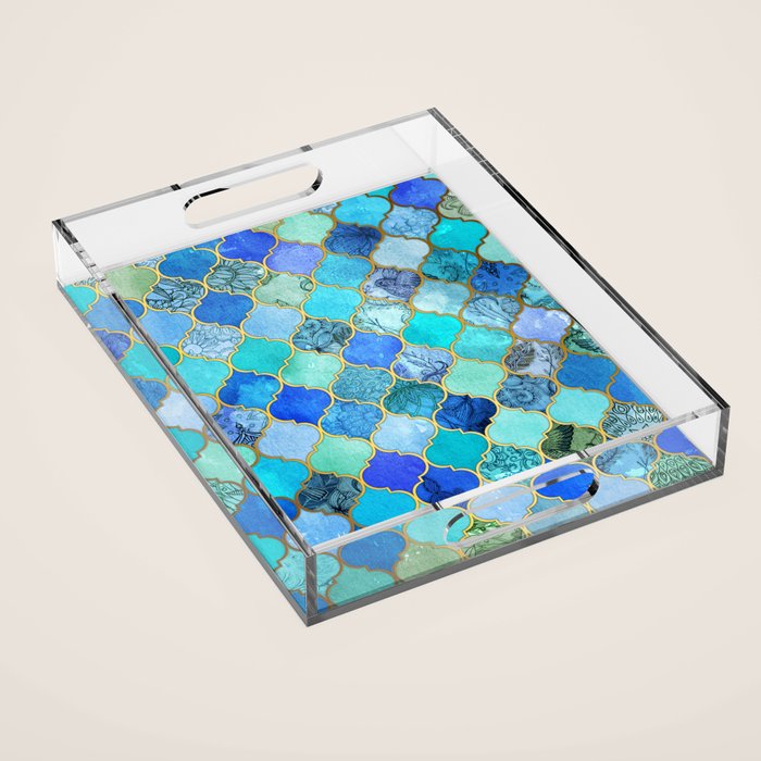 Cobalt Blue, Aqua & Gold Decorative Moroccan Tile Pattern Acrylic Tray Gallery Image 1