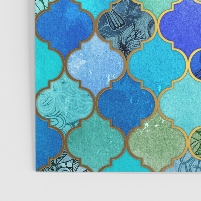 Cobalt Blue, Aqua & Gold Decorative Moroccan Tile Pattern Poster Gallery Image 3