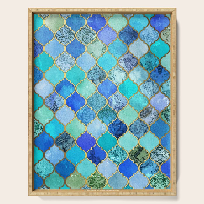 Cobalt Blue, Aqua & Gold Decorative Moroccan Tile Pattern Serving Tray Gallery Image 1