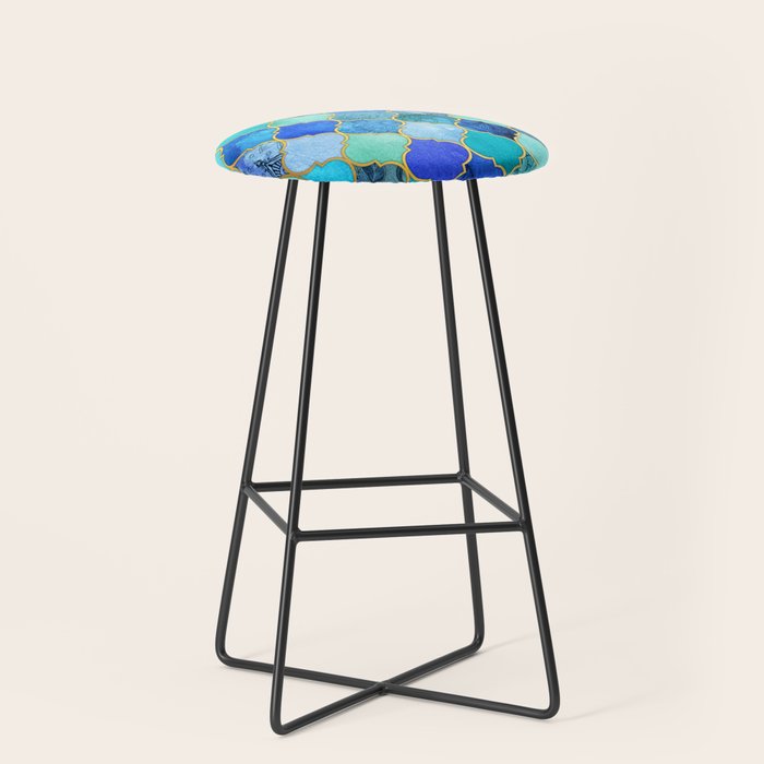 Cobalt Blue, Aqua & Gold Decorative Moroccan Tile Pattern Stool Gallery Image 1
