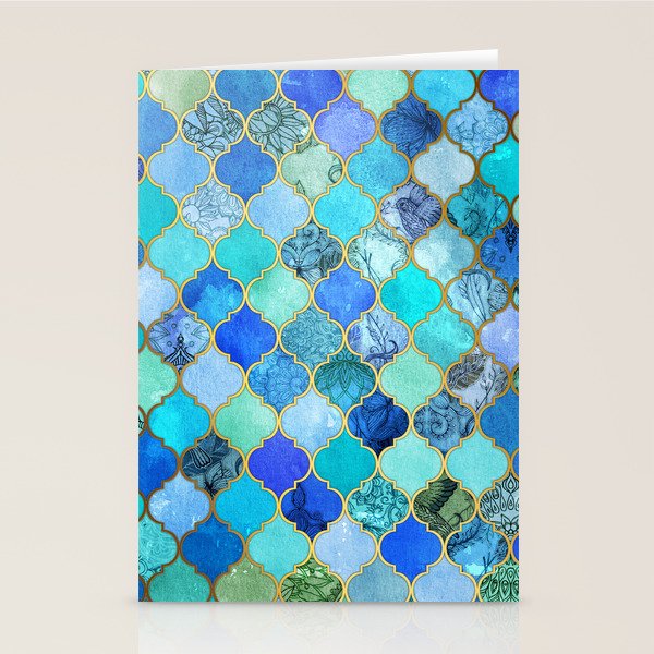 Cobalt Blue, Aqua & Gold Decorative Moroccan Tile Pattern Stationery Card Gallery Image 2