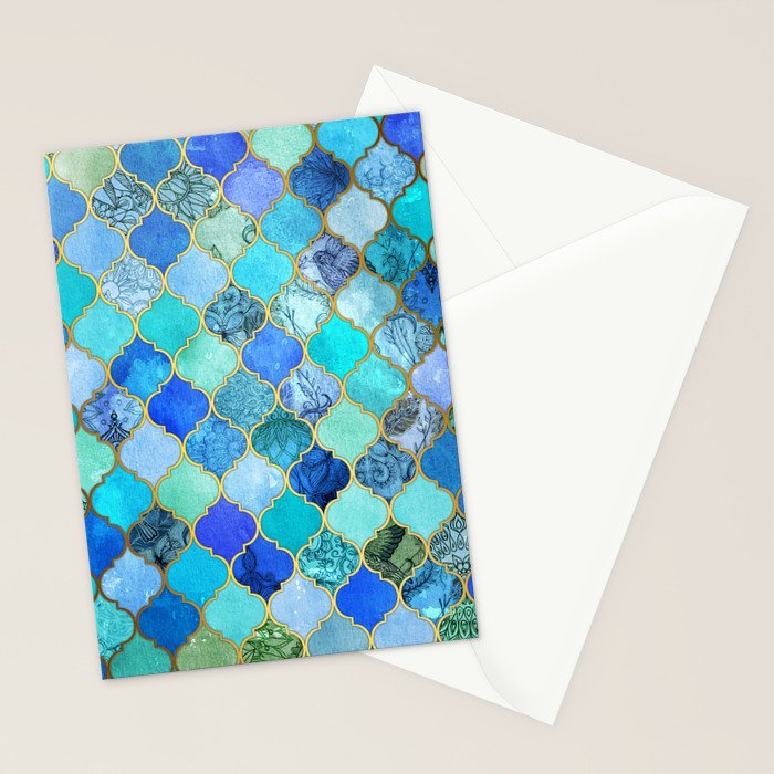 Cobalt Blue, Aqua & Gold Decorative Moroccan Tile Pattern Stationery Card Gallery Image 2