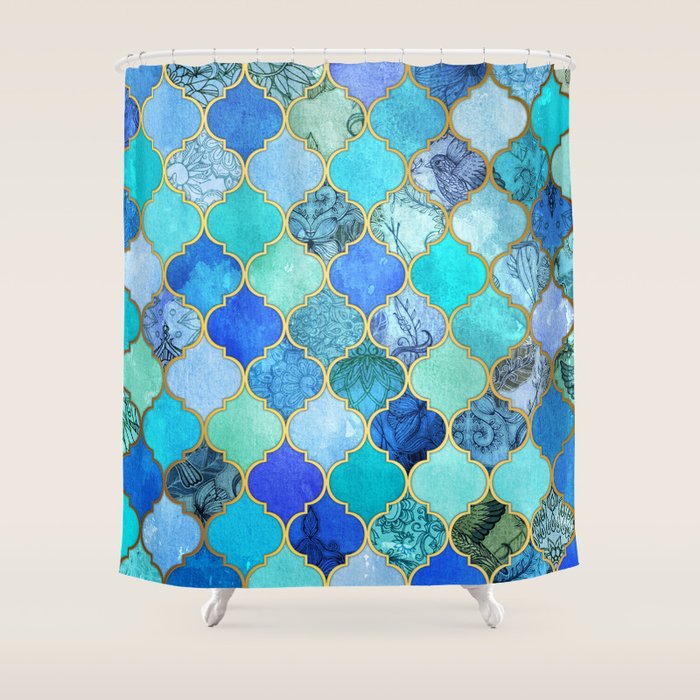 Cobalt Blue, Aqua & Gold Decorative Moroccan Tile Pattern Shower Curtain Gallery Image 1