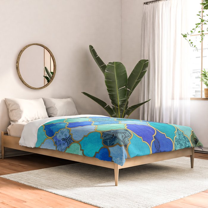 Cobalt Blue, Aqua & Gold Decorative Moroccan Tile Pattern Comforter Gallery Image 2