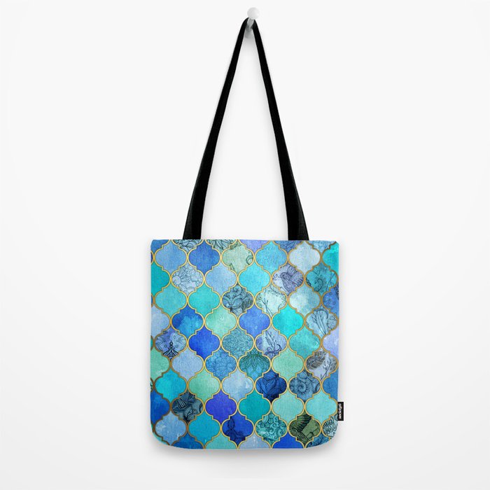Cobalt Blue, Aqua & Gold Decorative Moroccan Tile Pattern Tote Bag Gallery Image 2