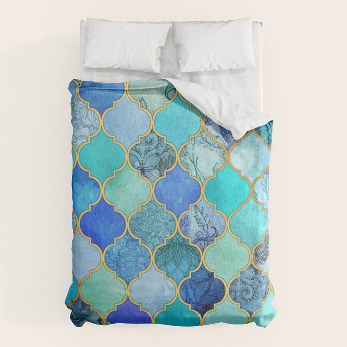 Cobalt Blue, Aqua & Gold Decorative Moroccan Tile Pattern Duvet Cover Gallery Image 1