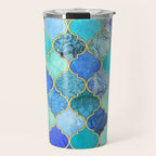 Cobalt Blue, Aqua & Gold Decorative Moroccan Tile Pattern Travel Mug Gallery Image 1