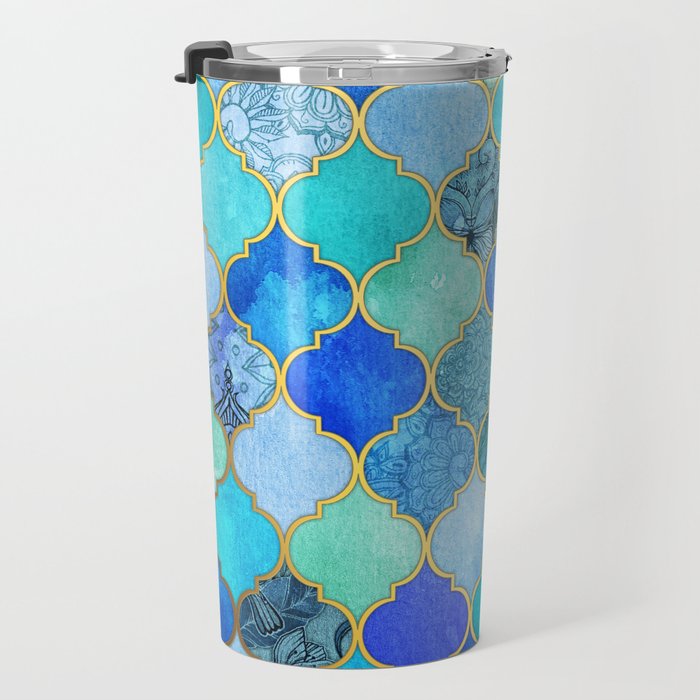 Cobalt Blue, Aqua & Gold Decorative Moroccan Tile Pattern Travel Mug Gallery Image 3