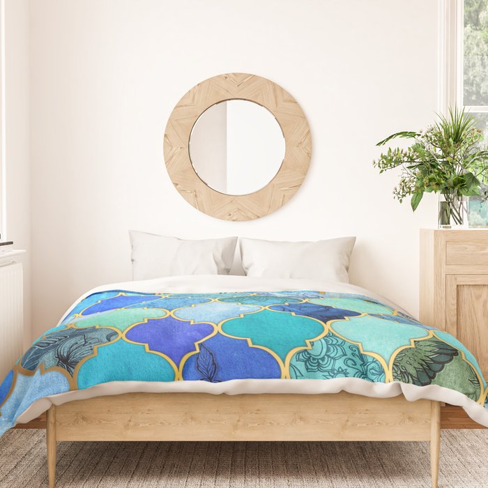 Cobalt Blue, Aqua & Gold Decorative Moroccan Tile Pattern Duvet Cover Gallery Image 3