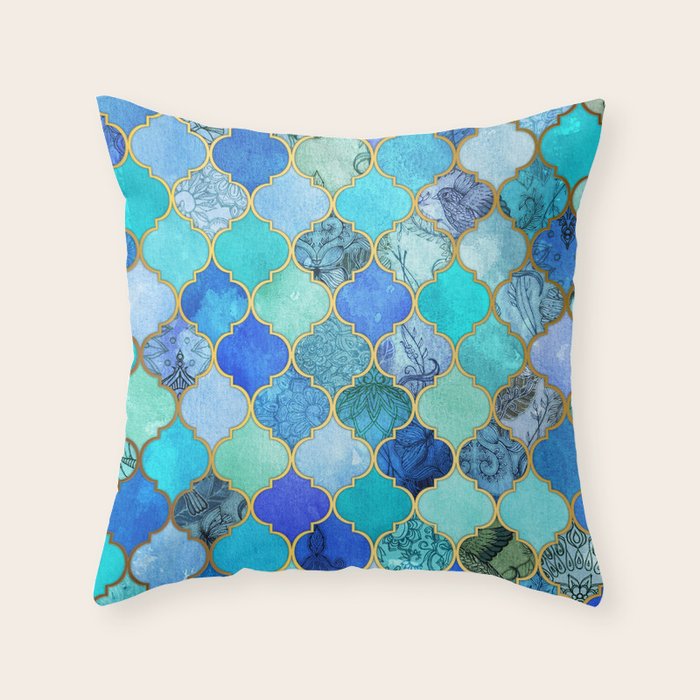 Cobalt Blue, Aqua & Gold Decorative Moroccan Tile Pattern Throw Pillow Gallery Image 1