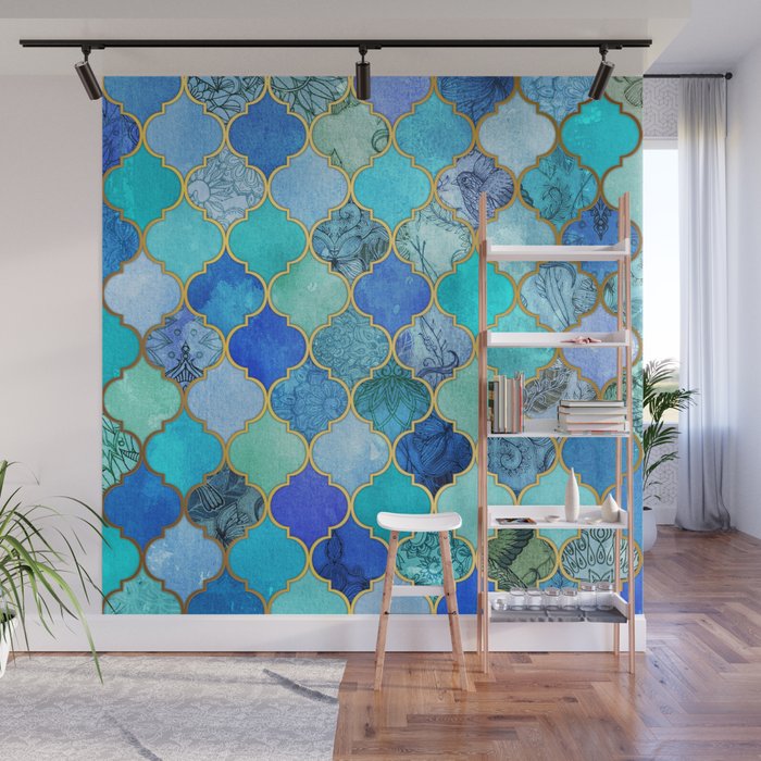 Cobalt Blue, Aqua & Gold Decorative Moroccan Tile Pattern Wall Mural Gallery Image 1
