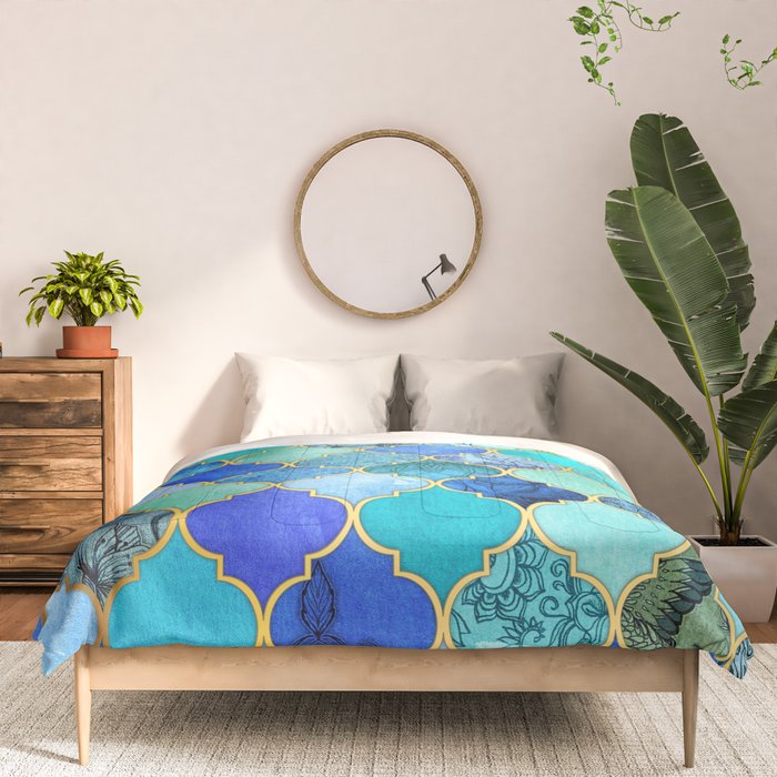 Cobalt Blue, Aqua & Gold Decorative Moroccan Tile Pattern Comforter Gallery Image 3