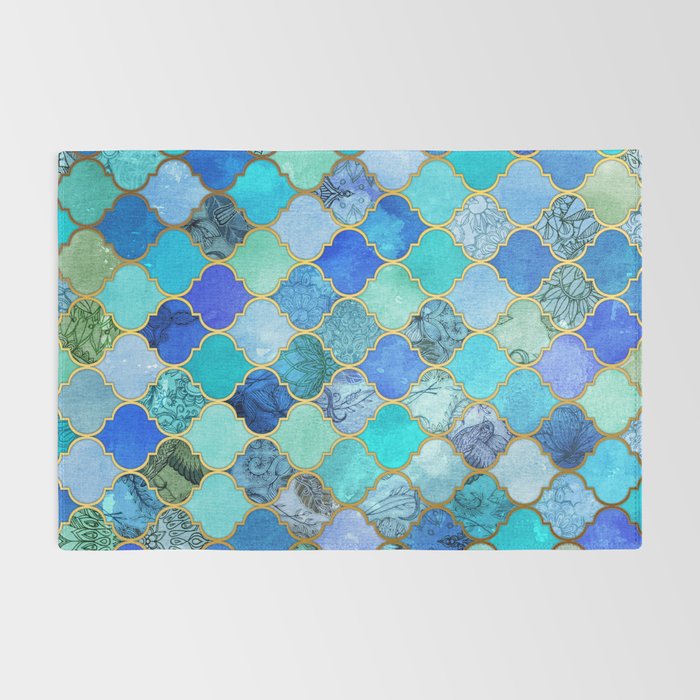 Cobalt Blue, Aqua & Gold Decorative Moroccan Tile Pattern Rug Gallery Image 2