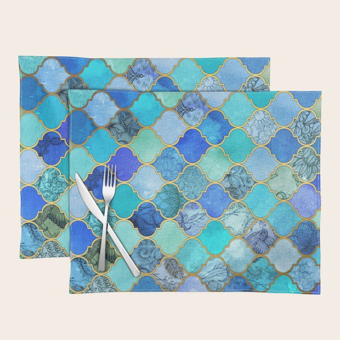 Cobalt Blue, Aqua & Gold Decorative Moroccan Tile Pattern Placemat Gallery Image 1