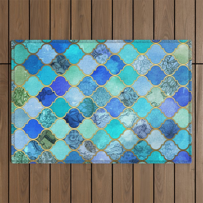 Cobalt Blue, Aqua & Gold Decorative Moroccan Tile Pattern Outdoor Rug Gallery Image 1