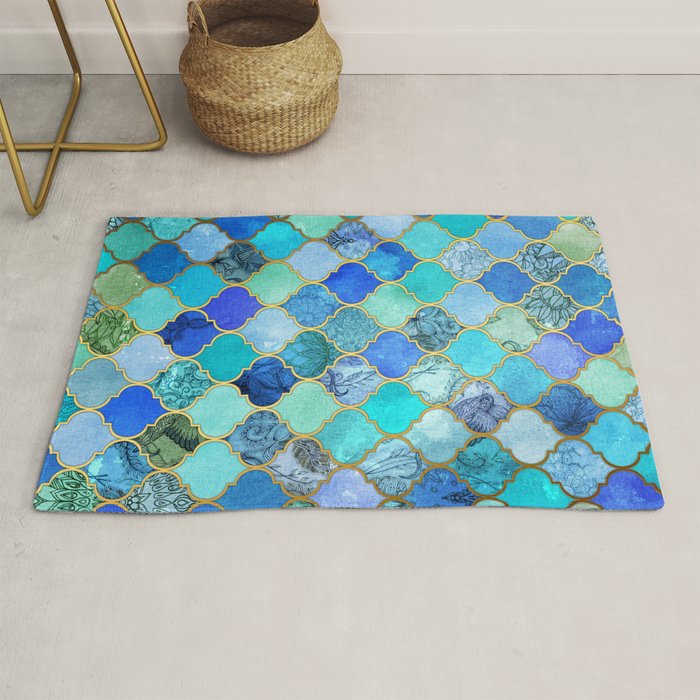 Cobalt Blue, Aqua & Gold Decorative Moroccan Tile Pattern Rug Gallery Image 1