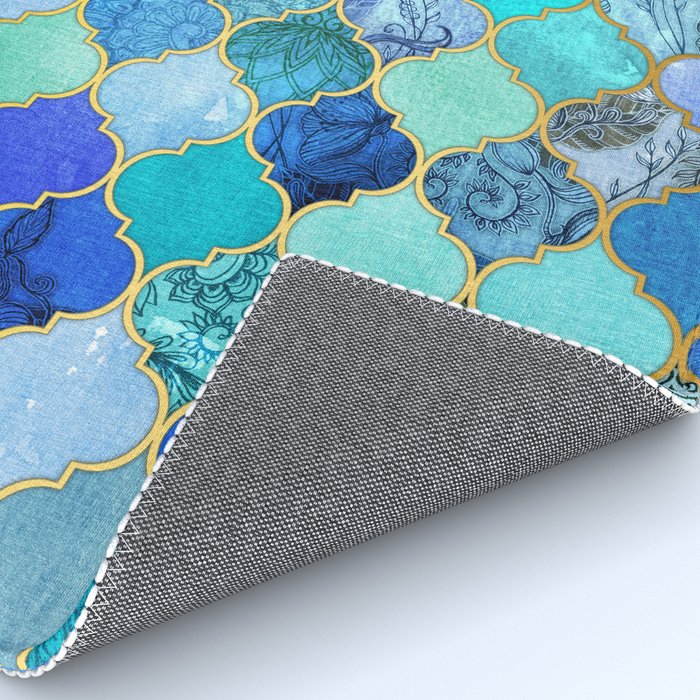 Cobalt Blue, Aqua & Gold Decorative Moroccan Tile Pattern Rug Gallery Image 4