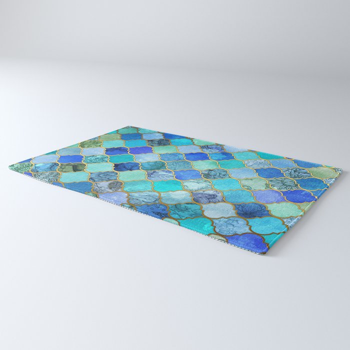 Cobalt Blue, Aqua & Gold Decorative Moroccan Tile Pattern Rug Gallery Image 3