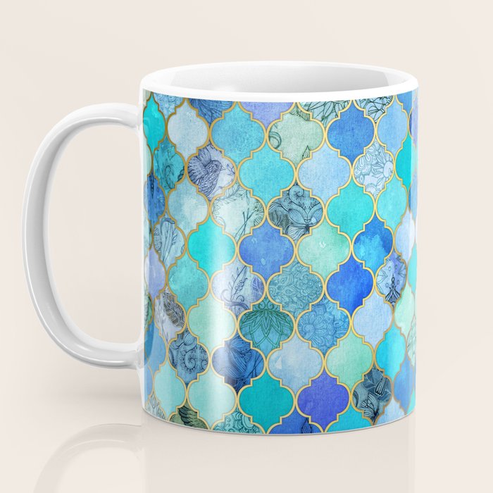 Cobalt Blue, Aqua & Gold Decorative Moroccan Tile Pattern Coffee Mug Gallery Image 3