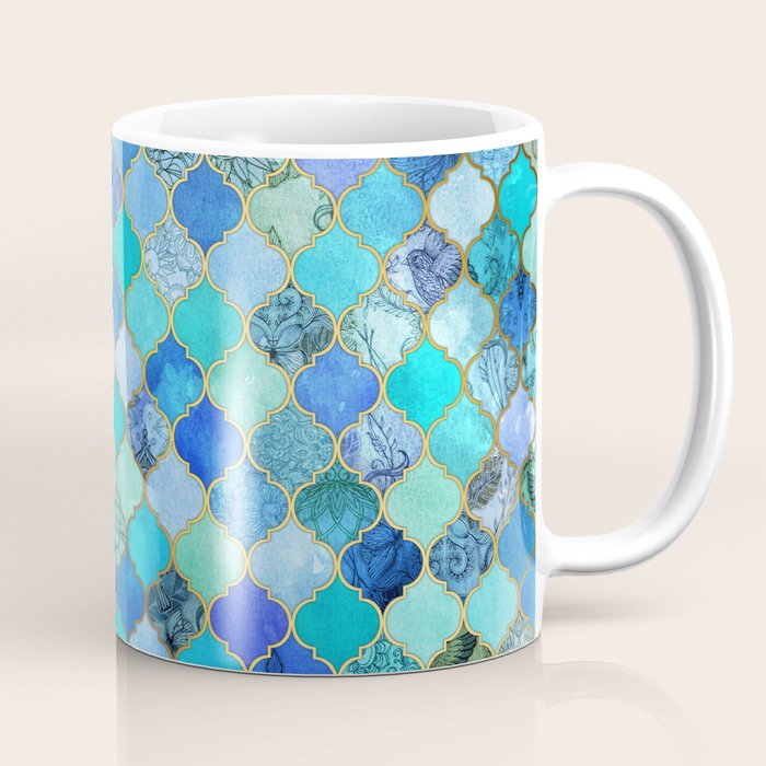 Cobalt Blue, Aqua & Gold Decorative Moroccan Tile Pattern Coffee Mug Gallery Image 1