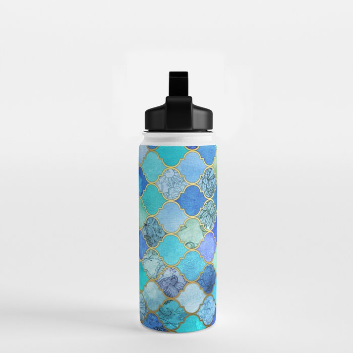 Cobalt Blue, Aqua & Gold Decorative Moroccan Tile Pattern Water Bottle Gallery Image 2