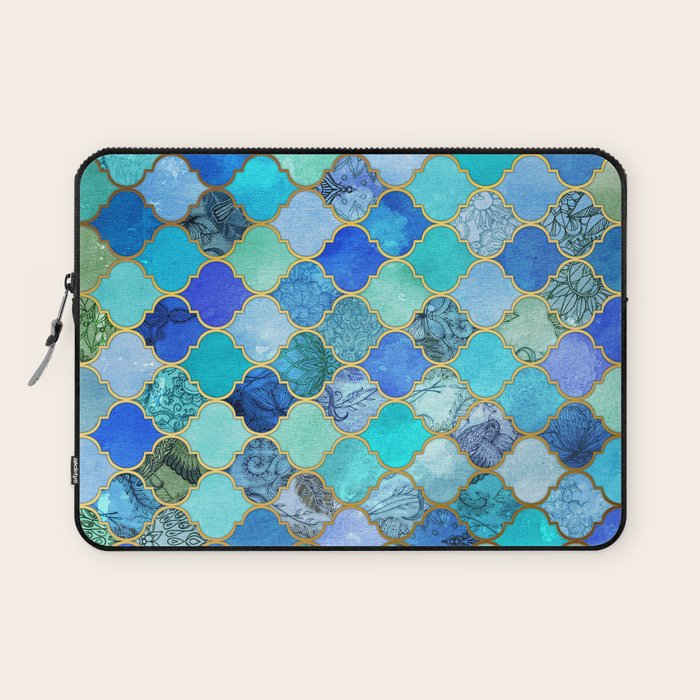 Cobalt Blue, Aqua & Gold Decorative Moroccan Tile Pattern Laptop Sleeve Gallery Image 1