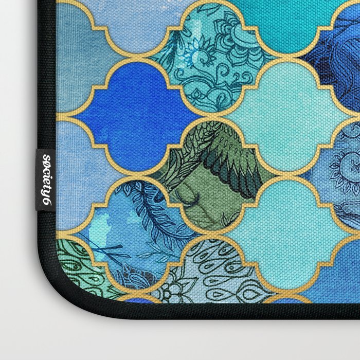 Cobalt Blue, Aqua & Gold Decorative Moroccan Tile Pattern Laptop Sleeve Gallery Image 3
