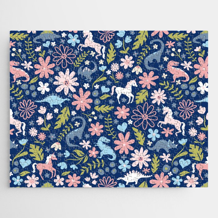 Dinosaur + Unicorn on Royal Blue Jigsaw Puzzle Gallery Image 1