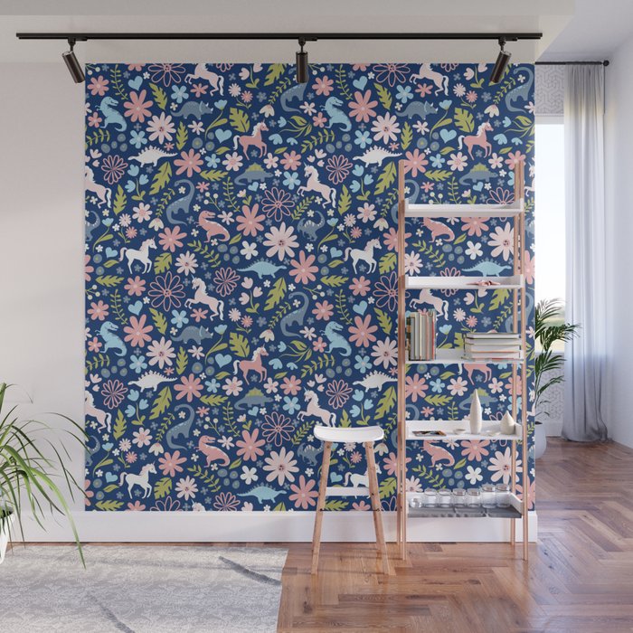 Dinosaur + Unicorn on Royal Blue Wall Mural Gallery Image 1