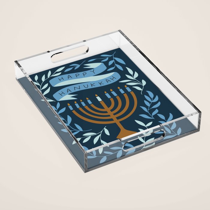 Happy Hanukkah Menorah Dark Blue Acrylic Tray