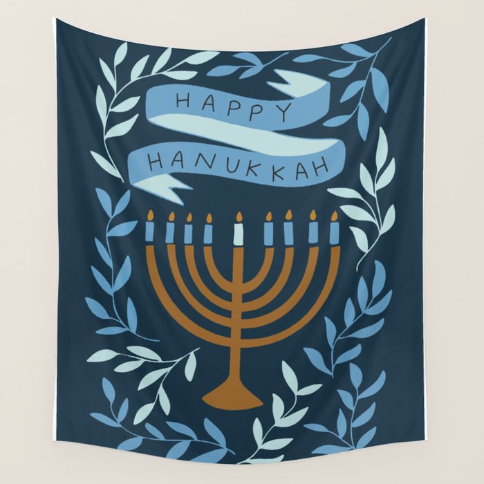 Happy Hanukkah Menorah Dark Blue Wall Tapestry Gallery Image 1