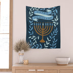 Happy Hanukkah Menorah Dark Blue Wall Tapestry Gallery Image 2