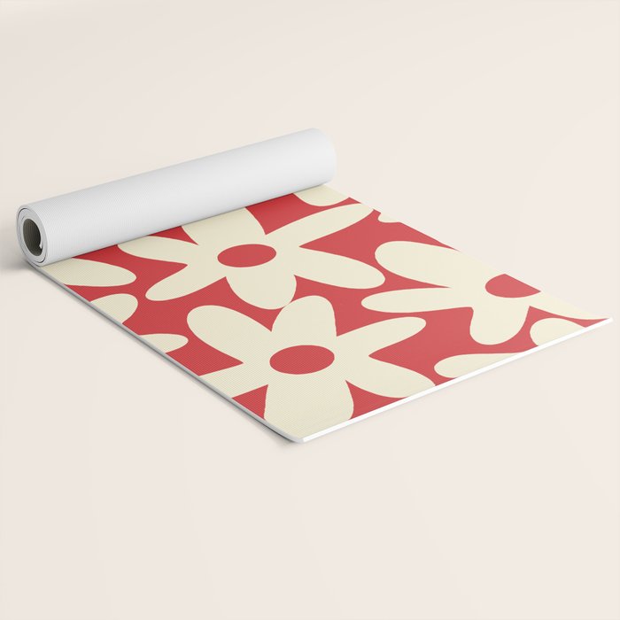 Daisy Time Floral Pattern in Retro Christmas Red and Cream Yoga Mat Gallery Image 2