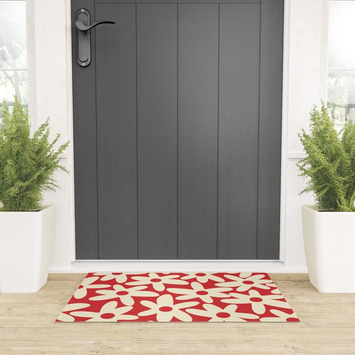 Daisy Time Floral Pattern in Retro Christmas Red and Cream Welcome Mat Gallery Image 3