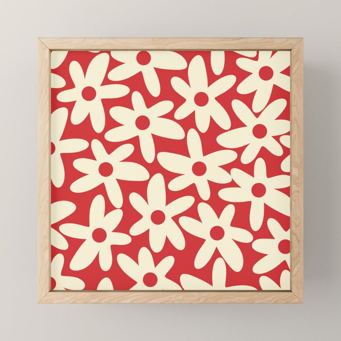 Daisy Time Floral Pattern in Retro Christmas Red and Cream Mini Art Print Gallery Image 1