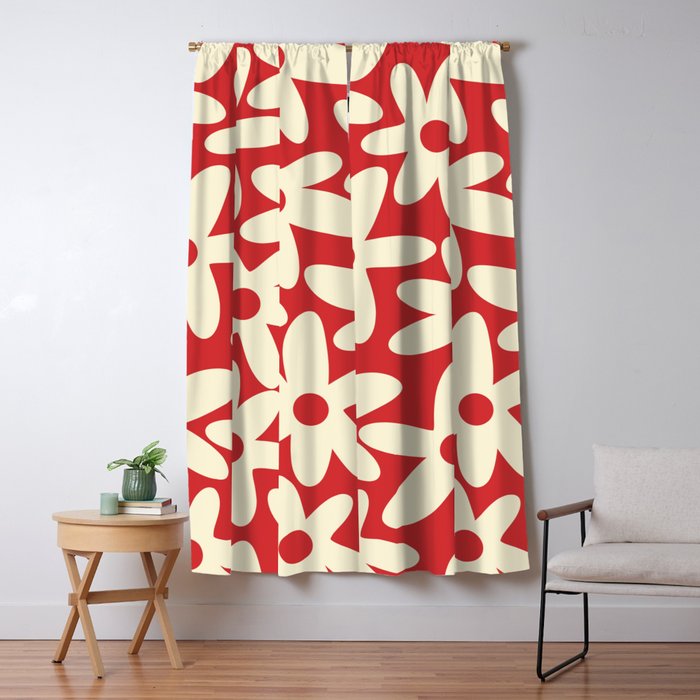 Daisy Time Floral Pattern in Retro Christmas Red and Cream Window Curtain Gallery Image 1