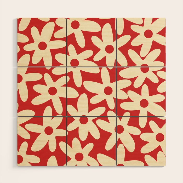 Daisy Time Floral Pattern in Retro Christmas Red and Cream Wood Wall Art Gallery Image 1