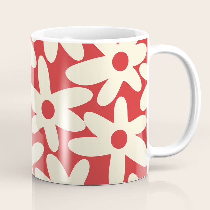 Daisy Time Floral Pattern in Retro Christmas Red and Cream Coffee Mug Gallery Image 1