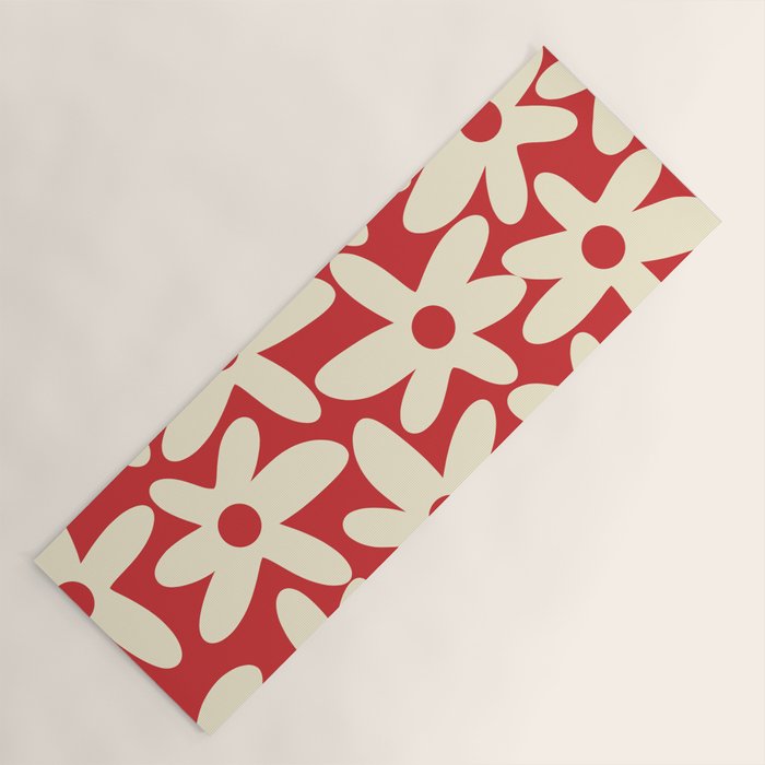 Daisy Time Floral Pattern in Retro Christmas Red and Cream Yoga Mat Gallery Image 1