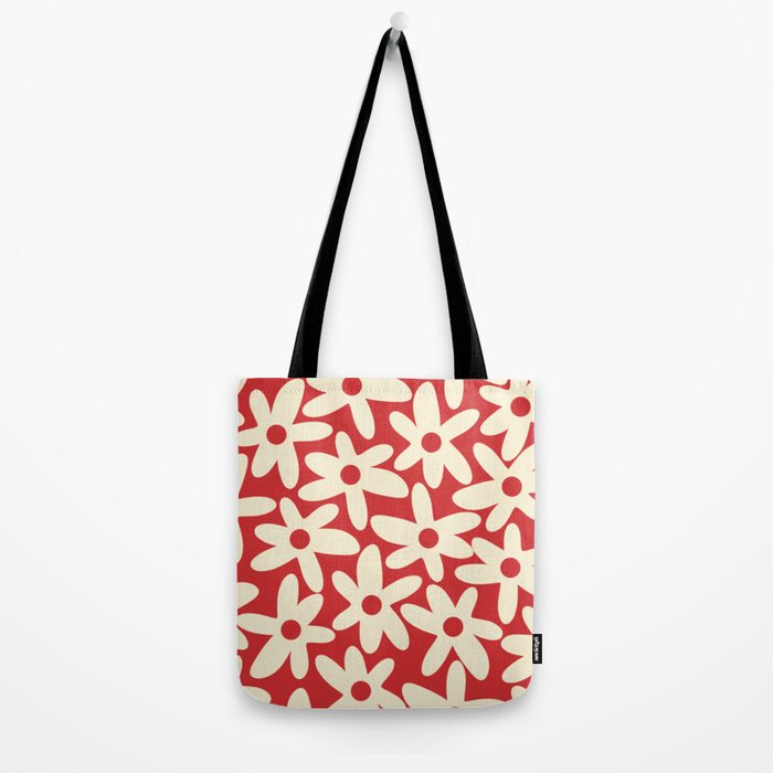 Daisy Time Floral Pattern in Retro Christmas Red and Cream Tote Bag Gallery Image 2