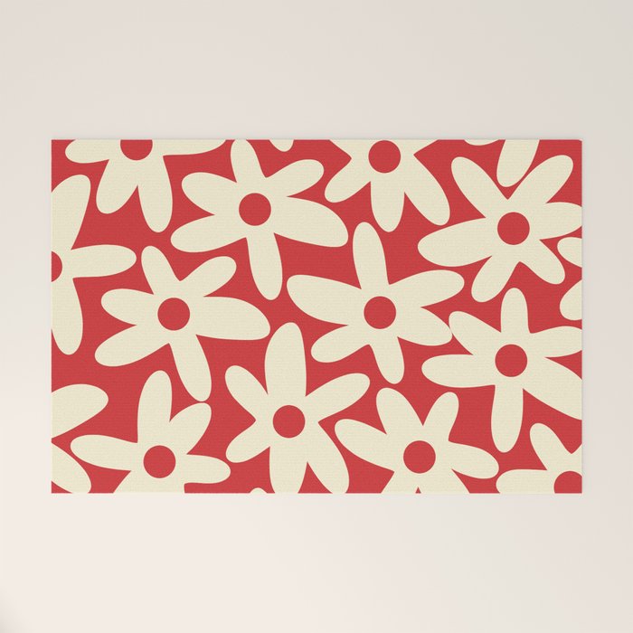 Daisy Time Floral Pattern in Retro Christmas Red and Cream Welcome Mat Gallery Image 1