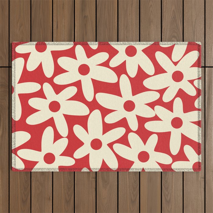 Daisy Time Floral Pattern in Retro Christmas Red and Cream Outdoor Rug Gallery Image 1