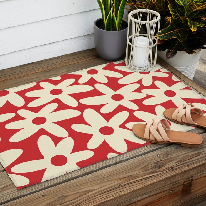 Daisy Time Floral Pattern in Retro Christmas Red and Cream Outdoor Rug Gallery Image 2
